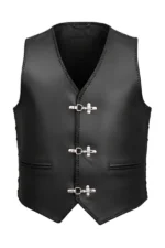 classic minimalist black leather vest with hook closures