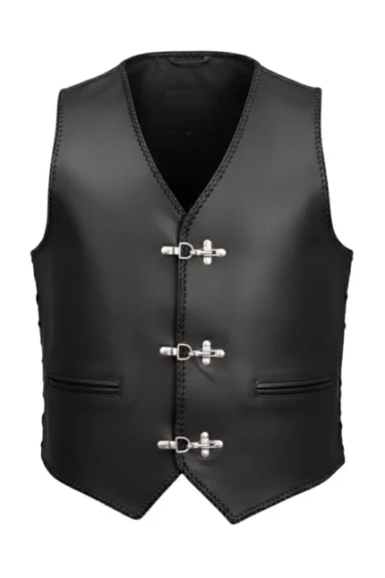 classic minimalist black leather vest with hook closures