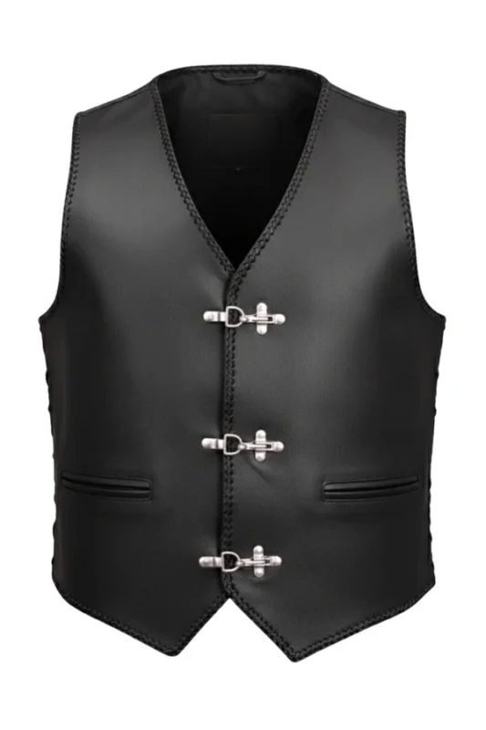 classic minimalist black leather vest with hook closures