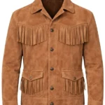 classic tan suede western jacket with button closure and fringe pocket detail