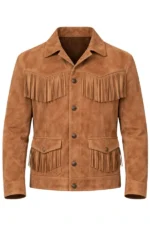 classic tan suede western jacket with button closure and fringe pocket detail