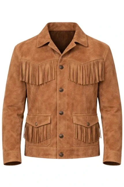 classic tan suede western jacket with button closure and fringe pocket detail