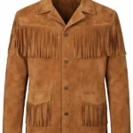 classic tan suede western jacket with fringe panels and button front