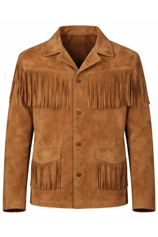 classic tan suede western jacket with fringe panels and button front