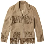 classic western beige suede leather jacket with fringe detailing