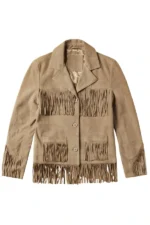classic western beige suede leather jacket with fringe detailing