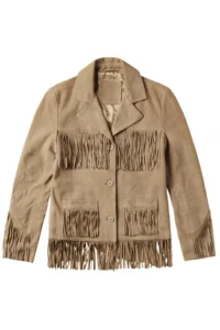 classic western beige suede leather jacket with fringe detailing