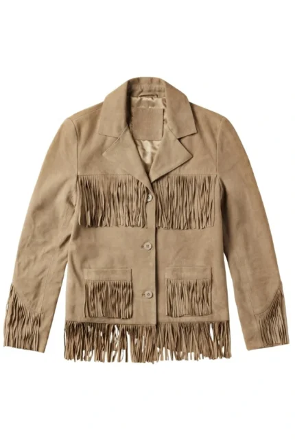 classic western beige suede leather jacket with fringe detailing