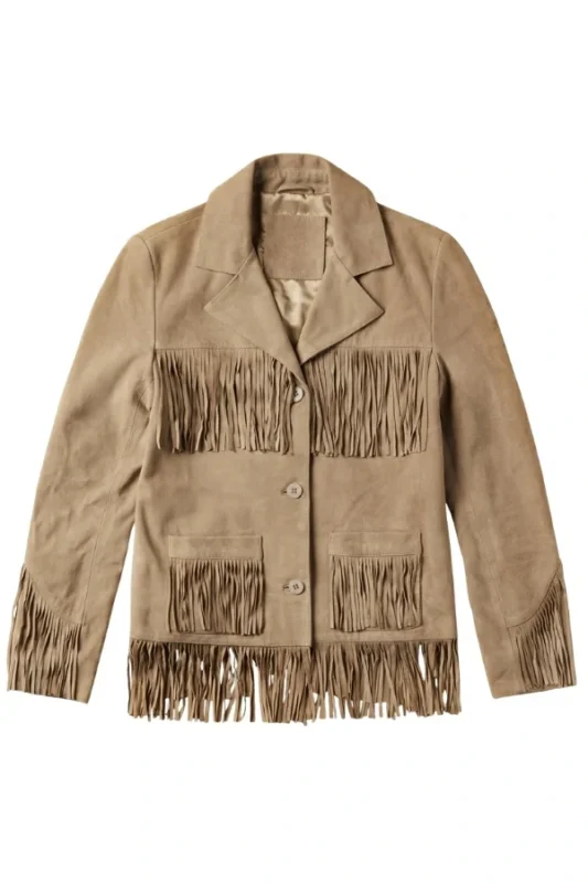 classic western beige suede leather jacket with fringe detailing