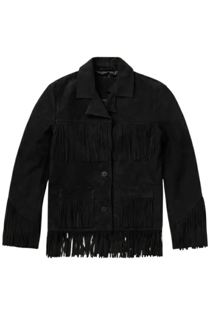 classic western black suede leather jacket with fringe detailing
