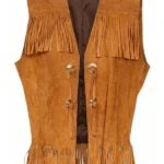 classic western tan suede leather fringe vest with hook closure