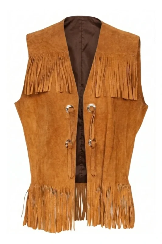 classic western tan suede leather fringe vest with hook closure