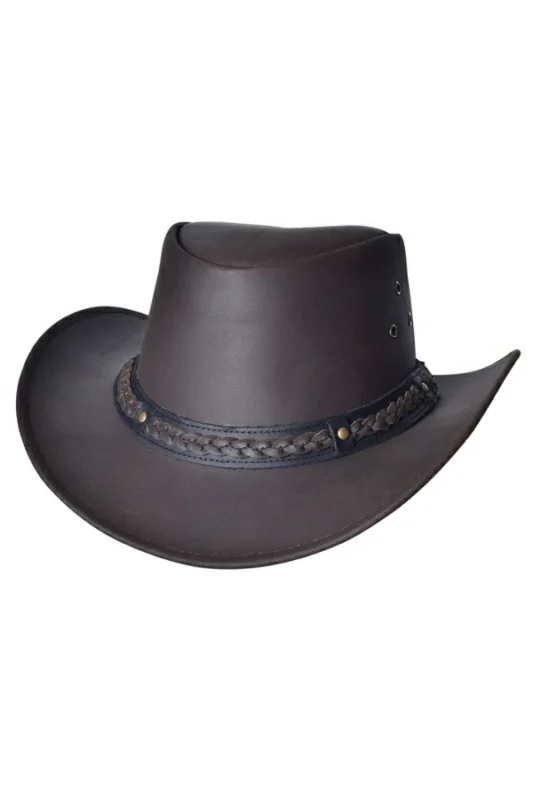 dark brown leather cowboy hat with braided band and classic western style