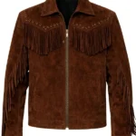 dark brown suede western jacket with studded yoke and fringe detail