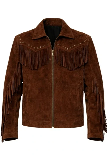 dark brown suede western jacket with studded yoke and fringe detail