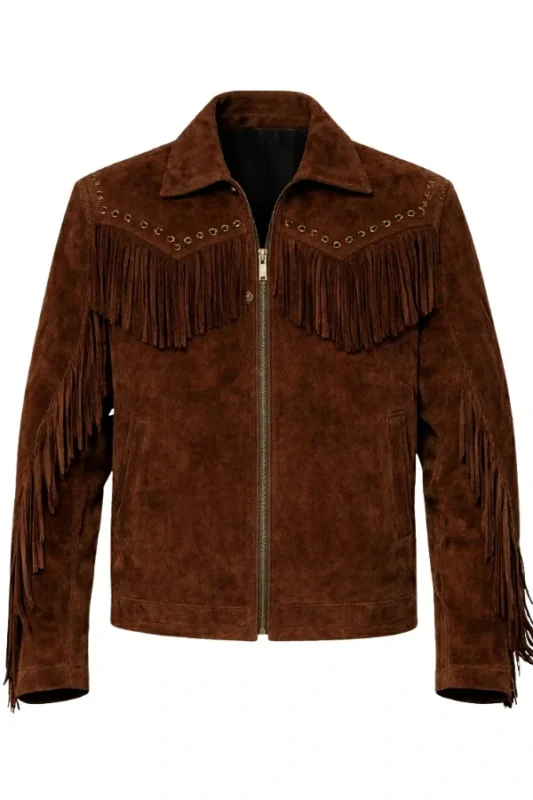 dark brown suede western jacket with studded yoke and fringe detail