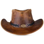 distressed brown leather cowboy hat with concho band and vintage finish