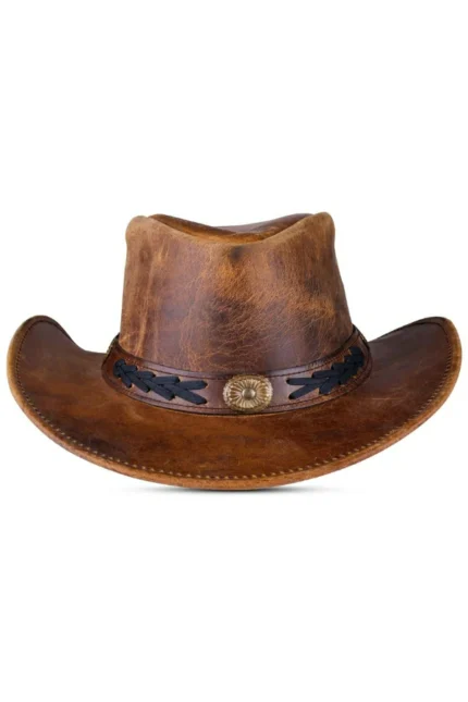distressed brown leather cowboy hat with concho band and vintage finish