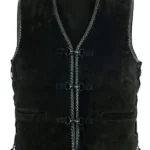 distressed matte black suede leather vest with strap hook closures