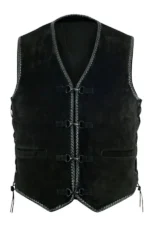distressed matte black suede leather vest with strap hook closures