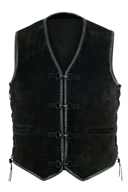 distressed matte black suede leather vest with strap hook closures