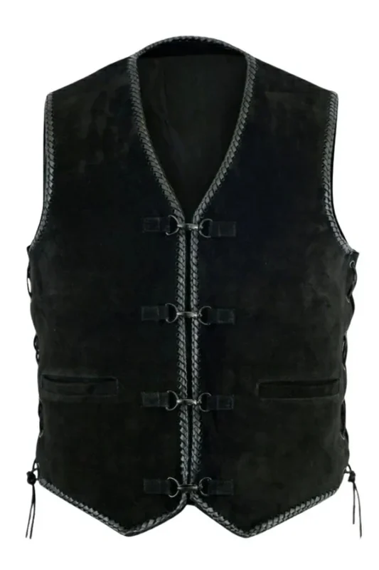 distressed matte black suede leather vest with strap hook closures