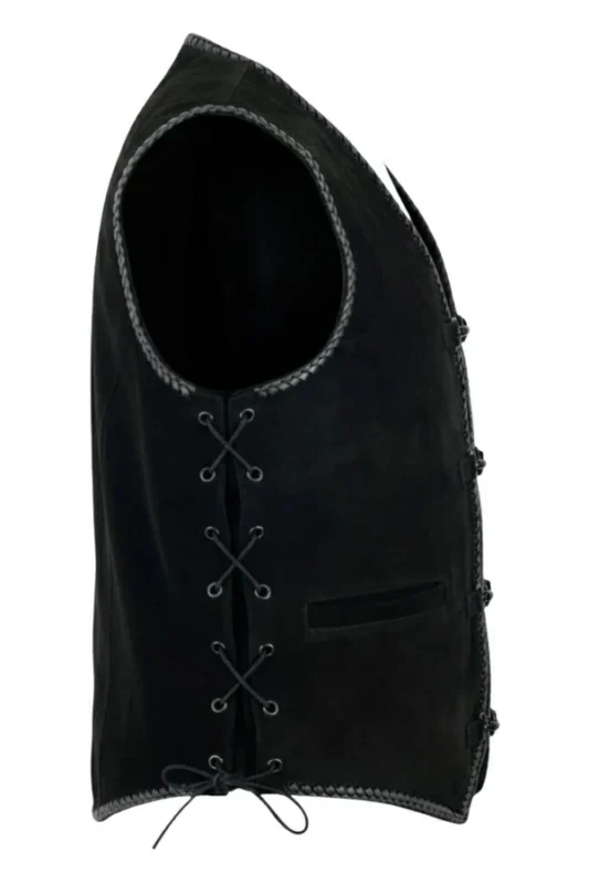 distressed-matte-black-suede-leather-vest-with-strap-hook-closures-side-view