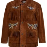 embroidered western brown suede jacket with fringe panels and button front