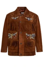 embroidered western brown suede jacket with fringe panels and button front