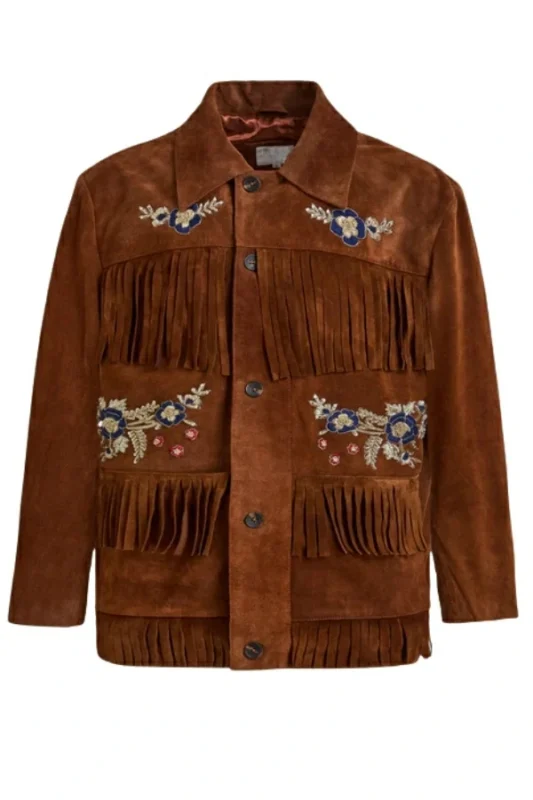 embroidered western brown suede jacket with fringe panels and button front
