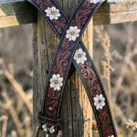 floral tooled western leather belt with daisy design and engraved buckle