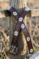 floral tooled western leather belt with daisy design and engraved buckle