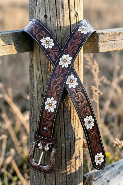 floral tooled western leather belt with daisy design and engraved buckle