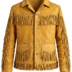 golden tan suede western jacket with full fringe trim and button closure