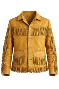 golden tan suede western jacket with full fringe trim and button closure