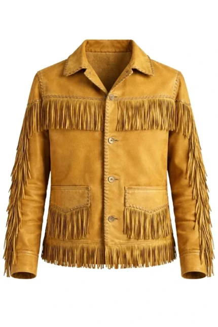 golden tan suede western jacket with full fringe trim and button closure