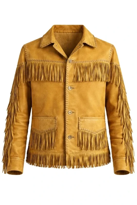 golden tan suede western jacket with full fringe trim and button closure