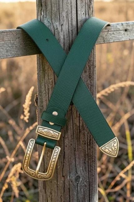 green textured western leather belt with engraved buckle and tip