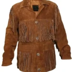 heritage brown suede jacket with layered fringe panels and button closure