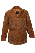 heritage brown suede jacket with layered fringe panels and button closure