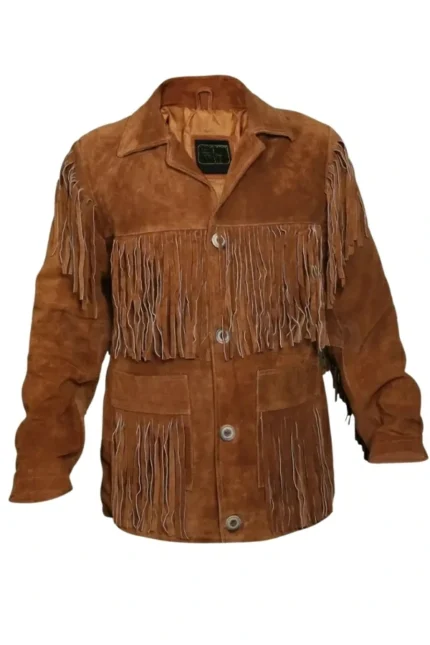 heritage brown suede jacket with layered fringe panels and button closure