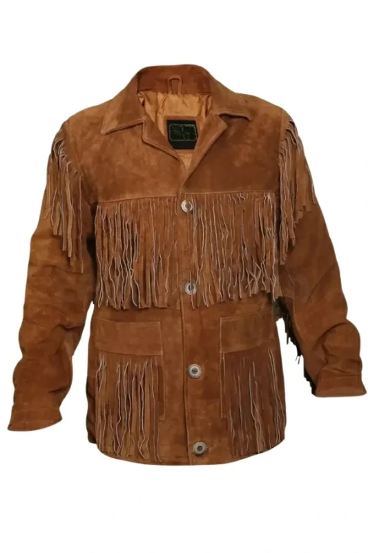 heritage brown suede jacket with layered fringe panels and button closure