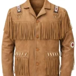 light tan suede western jacket with beaded shoulder panels and fringe pockets