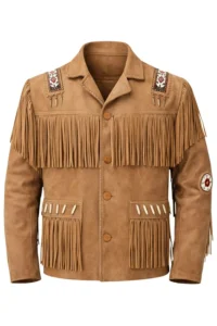 light tan suede western jacket with beaded shoulder panels and fringe pockets