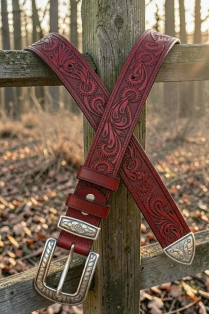 red tooled western leather belt with engraved buckle and decorative tip