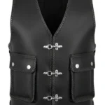 rugged utility black leather vest with snap pockets and side lacing
