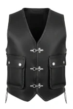 rugged utility black leather vest with snap pockets and side lacing