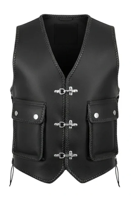 rugged utility black leather vest with snap pockets and side lacing