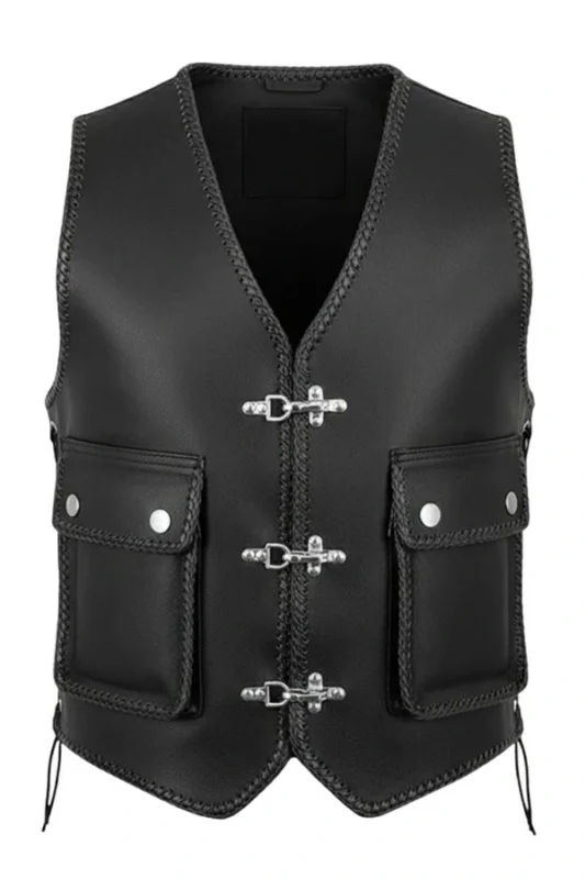 rugged utility black leather vest with snap pockets and side lacing