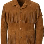 rust brown suede western jacket with classic fringe yoke and pocket trim